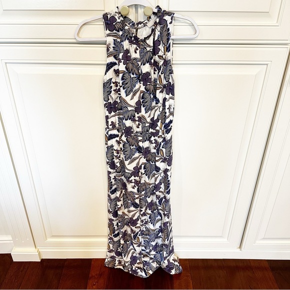 Ann Taylor LOFT Womens Purple Floral Ruffle Neck Pant Jumpsuit Wide Leg Tropical - Picture 5 of 15